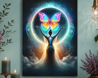 Butterfly Moon Canvas Wall Art, Luminous Celestial Bedroom Decor, Art Nouveau Housewarming Gift