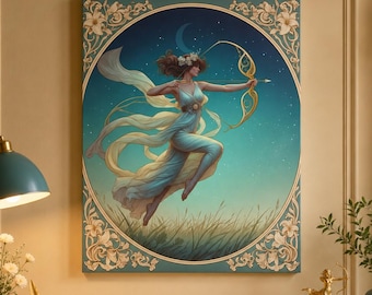 Artemis Goddess Canvas Wall Art, Greek Goddess Painting, Art Nouveau Decor, Divine Feminine Artwork, Mythology Wall Decor Gift