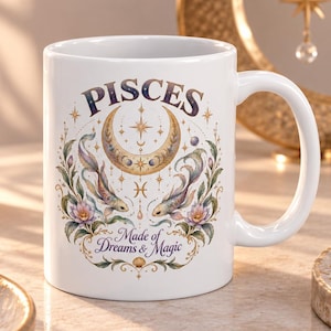 Mystische Kaffeetasse mit Fische- und Halbmondmotiv, Sternzeichen-Tasse, florales Astrologie-Geschenk, Geschenk für Fische-Geborene, Hexenartikel