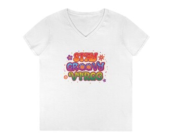 Stay Groovy Virgo V-Neck Women's Shirt, Retro 70s Zodiac Graphic Tee, Colorful Astrology Gift, Virgo Birthday Top, Rainbow Earth Sign Top