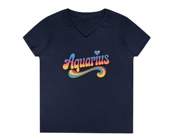 Aquarius V-Neck Women's Shirt, Retro 70s Zodiac Graphic Tee, Colorful Astrology Gift for Her, Aquarius Birthday Top, Groovy Air Sign