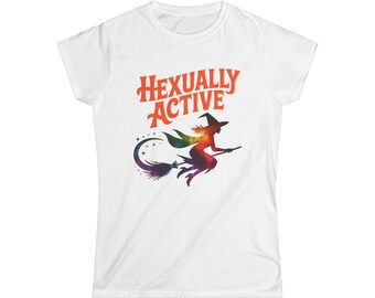 Hexually Active Women's Shirt, Funny Witchy Graphic Tee, Colorful Galaxy Witch T-Shirt, Empowering Sassy Gift for Her, Magic Broom Top