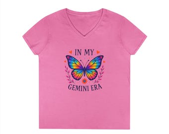 In My Gemini Era V-Neck Women's Shirt, Colorful Butterfly Zodiac Tee, Gemini Birthday Gift, Aesthetic Astrology Top, Stylish Star Sign