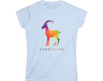 Capricorn Women's Shirt, Rainbow Zodiac Graphic Tee, Colorful Capricorn Gift for Her, Astrology T-Shirt, Fitted Capricorn Sea-Goat Top