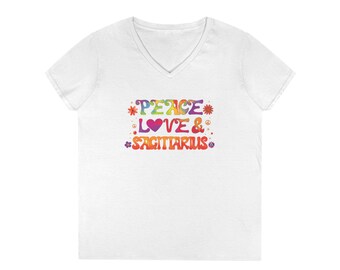 Peace Love Sagittarius V-Neck Women's Shirt, Retro 70s Zodiac Graphic Tee, Colorful Astrology Gift for Her, Sagittarius Birthday Top