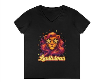 Leolicious V-Neck Women's Shirt, Retro 70s Leo Zodiac Graphic Tee, Colorful Astrology Gift, Leo Birthday Top, Rainbow Fire Sign Shirt