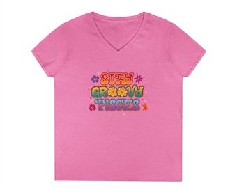 Stay Groovy Pisces V-Neck Women's Shirt, Retro 70s Zodiac Graphic Tee, Colorful Astrology Gift, Pisces Birthday Top, Water Sign Shirt