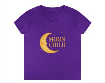 Moon Child V-Neck Women's Shirt, Celestial Moon and Stars Graphic Tee, Gold Zodiac Top, Aesthetic Astrology Gift, Mystic Lunar Sign Shirt