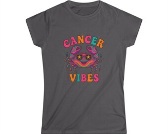Cancer Vibes Women's Shirt, Retro Zodiac Graphic Tee, Colorful Crab Astrology T-Shirt, Birthday Gift for Her, Fitted Cancer Sign Top