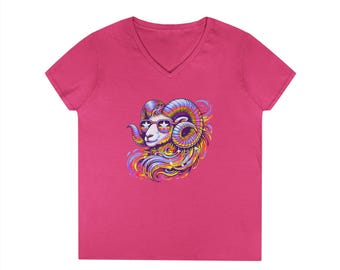 Aries Ram V-Neck Women's Shirt, Psychedelic Zodiac Graphic Tee, Colorful Aries Gift for Her, Astrology T-Shirt, Retro Fire Sign Top