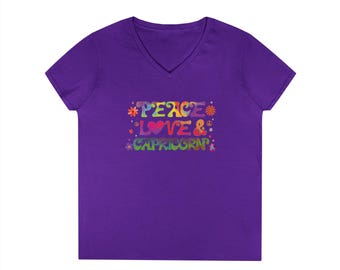 Peace Love Capricorn V-Neck Women's Shirt, Retro 70s Zodiac Graphic Tee, Colorful Astrology Gift for Her, Empowering Capricorn Birthday Top