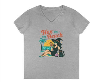 Hex on the Beach Women's Shirt, Funny Witch V-Neck, Retro Beach Witch Graphic Tee, Summer Halloween Top, Colorful Witchy Gift for Her