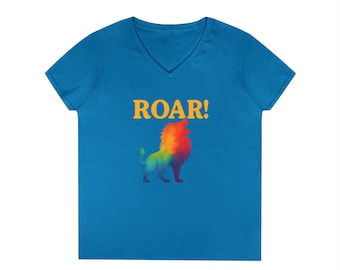 Leo Roar V-Neck Women's Shirt, Colorful Lion Zodiac Graphic Tee, Leo Birthday Gift for Her, Rainbow Lion T-Shirt, Stylish Fire Sign Top
