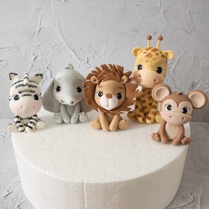 Safari animals fondant cake topper, jungle animals figurine, baby shower cake topper decoration, wild one birthday party for boy or girl