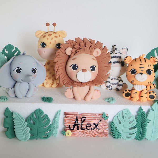 Safari animals fondant cake topper, jungle animals figurine, baby shower cake topper decoration, wild one birthday party for boy or girl