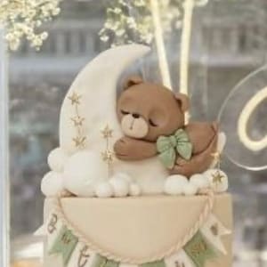 Fondant teddy bear balloon cake topper, bear cake topper, boy girl party decoration baby shower cake topper, 1st 2nd birthday party cake