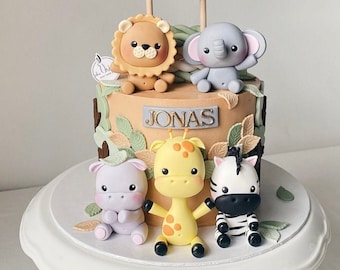 Safari baby animals fondant cake topper, jungle animals figurine, baby shower cake topper decoration wild one birthday party for boy or girl