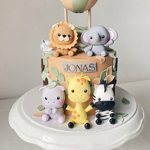 Safari baby animals fondant cake topper, jungle animals figurine, baby shower cake topper decoration wild one birthday party for boy or girl