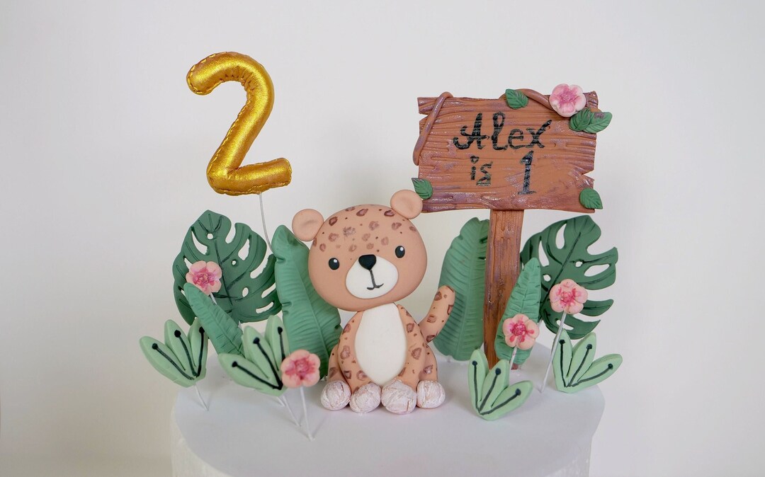 Fondant Leopard Cake Topper, Girl Boy Cheetah Cake Topper, Safari Baby