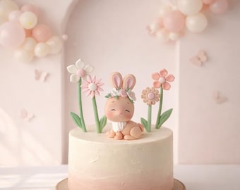 Bunny Cake Topper , Made of Fondant bunny, with flowers or bow Birthday Party Decoration, Bunny baby shower, Rabbit cake topper, 3D figure