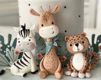 Fondant giraffe and elephant cake topper, Girl boy cake topper, baby shower cake topper, girl party decoration wild one birthday party decor