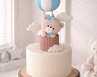 Bear Hot Air Balloon Fondant Cake Topper, Baby Shower Birthday Party Decoration