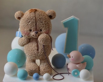 Bear cake topper, fondant cake topper, teddy bear cake decoration baby shower decoration, 1st 2nd  boy girl birthday party cake
