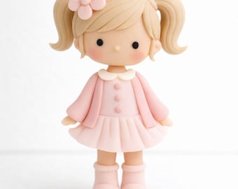 Fondant doll cake topper, Girl cake topper, pink dress princess cake topper, girl party decoration