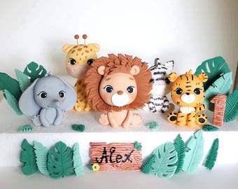 Safari Animal Cake Topper, Jungle Fondant Animals figurine: lion, giraffe, zebra, tiger, elephant, baby shower decoration wild one birthday
