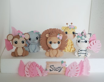 Safari Animal Cake Toppers , Jungle fondant animals figurine: lion, giraffe, elephant, monkey, zebra, baby shower cake topper  wild one