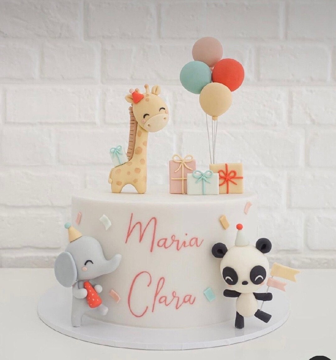 Safari Animals Cake Toppers With Balloons, Presents, Made of Fondant or ...