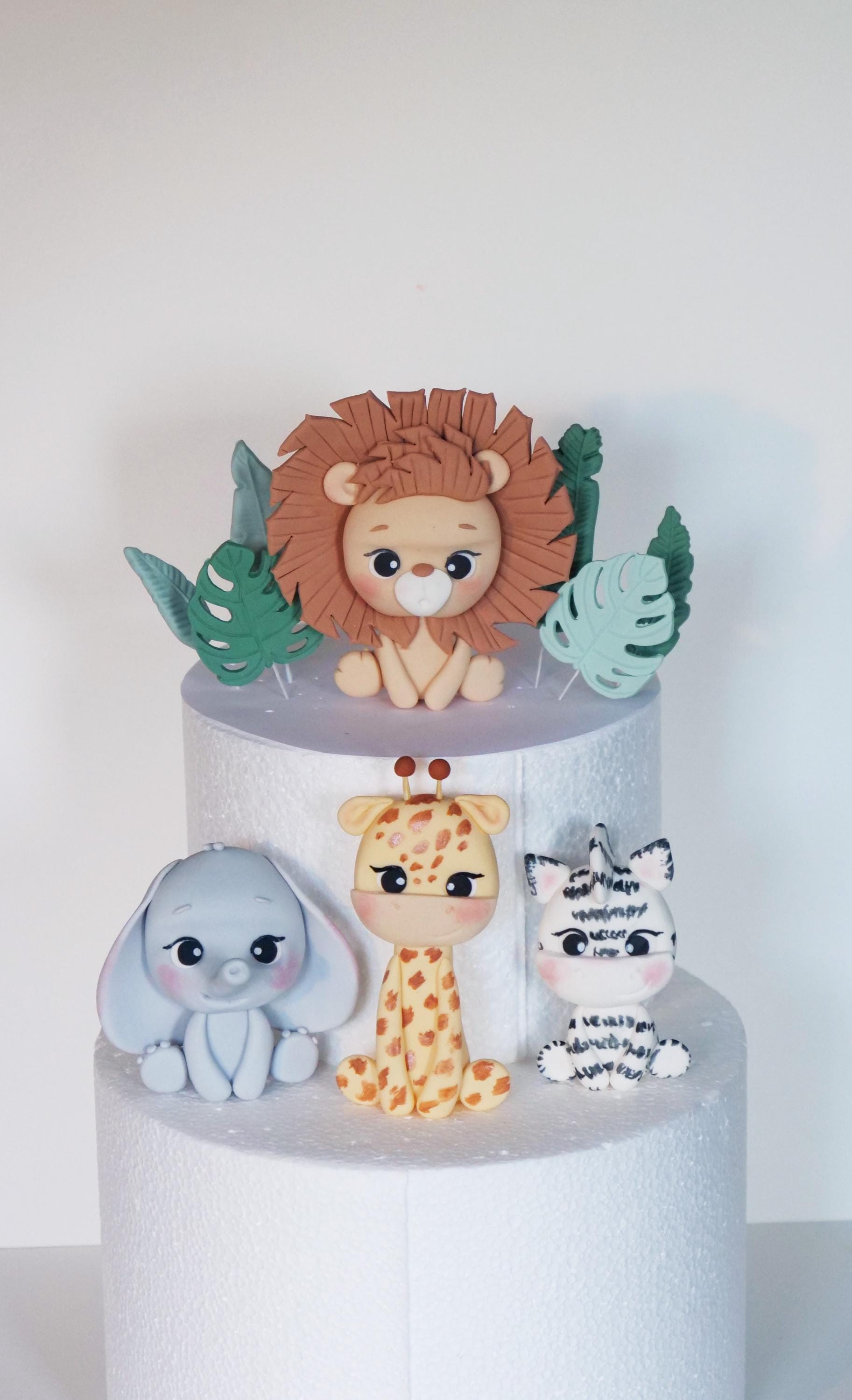 Safari Animal Cake Topper , Jungle Animals figurine: lion, giraffe, zebra, elephant, for baby shower or birthday party decoration