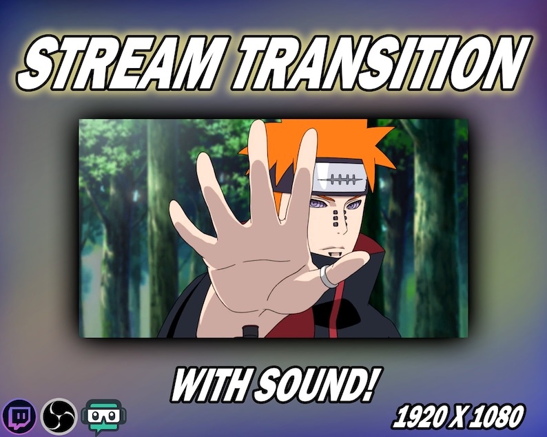 May include: A digital transition effect for streaming with a character from the anime Naruto. The effect is 1920 x 1080 pixels and includes sound.