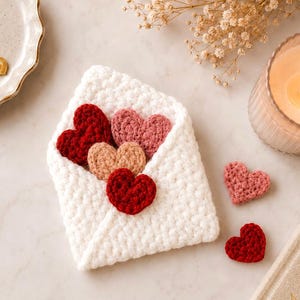 May include: A white crocheted envelope containing four small hearts in shades of red, pink, and tan, with two additional loose hearts in red and pink placed nearby. The text "Pattern in 4 Languages" is printed in black at the bottom of the image.