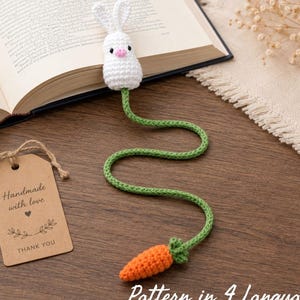 Bunny Crochet Bookmark Pattern PDF in 4 Languages, Amigurumi Rabbit Bookmark Tutorial, Carrot Bookmark, Easy Crochet Gift, Instant Download