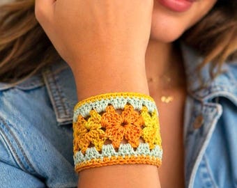 Patrón de pulsera de ganchillo en PDF, patrón de pulsera de punto concha estilo boho, tutorial de pulsera cuadrada estilo abuela, joyería de ganchillo fácil, 4 idiomas