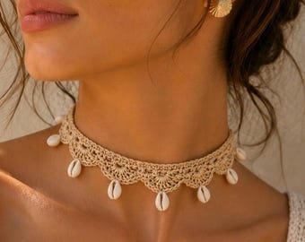 Boho Crochet Shell Choker Pattern PDF, 4 Languages, Beach Necklace Tutorial, Cowrie Shell Crochet Jewelry Pattern, DIY Bohemian Choker