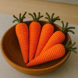 Pode incluir: Cinco cenouras de crochê com corpos laranja brilhante e topos de folhas verde-escuras dispostas dentro de uma tigela de madeira redonda. O texto "Pattern in 4 Languages" está impresso em uma fonte cursiva escura na parte inferior.