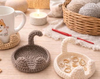 Crochet Cat Coaster Pattern PDF, Cat Jewelry Tray Crochet Pattern, Cute Cat Dish, Beginner Friendly, Instant Download, 4 Languages