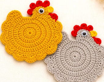 Crochet Chicken Coaster PDF Pattern – Farmhouse Kitchen Decor – Cute Hen Mug Rug – 4 Languages