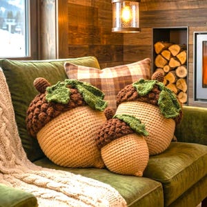 Crochet Pattern, Acorn Pillow, Rustic Fall Vintage Home Decor, Housewarming Gift, Multilingual