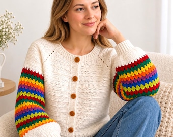 Crochet Cardigan Pattern PDF, Rainbow Sleeve Sweater Crochet Pattern, Women’s Cardigan Pattern, S-XL Size Inclusive, 4 Languages PDF