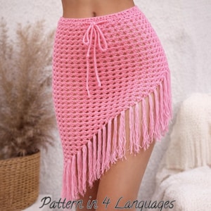 Molde para saia de crochê – Saia boho com franjas para praia – Saída de praia em crochê com detalhes em tule – Moda praia de verão – 4 idiomas