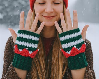 Crochet Elf Fingerless Gloves Pattern, Christmas Striped Wrist Warmers Elf Inspired Crochet Mittens Pattern, English German French Spanish