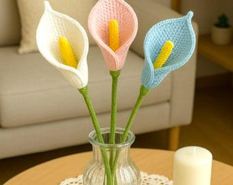 Crochet Calla Lily Flower Bouquet Pattern, Handmade Knitted Flowers, Home Decor, English German French Spanish