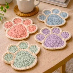 Patrón PDF para posavasos con forma de huella de gato a crochet, posavasos con huella de pata, regalo adorable para amantes de los gatos, ideal para principiantes, disponible en 4 idiomas.