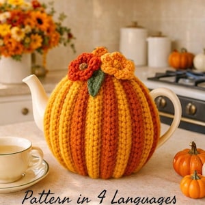 Vintage Crochet Tea Cozy Pattern – Autumn Bloom, Floral Teapot Cover English German French Spanish