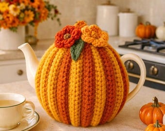 Vintage Crochet Tea Cozy Pattern – Autumn Bloom, Floral Teapot Cover English German French Spanish