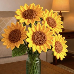 Crochet Sunflower Pattern – Realistic 3D Flower with Wired Stem – Vase Decor PDF – Beginner Friendly – 4 Languages