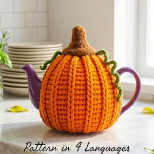 Théière citrouille au crochet, motif douillet PDF | Motif douillet de thé d'Halloween | Décoration de cuisine d'automne | Couvercle de théière | Anglais Français Allemand Espagnol